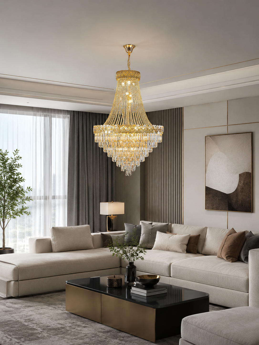 Grand Lustre en Cristal Doré en Cascade