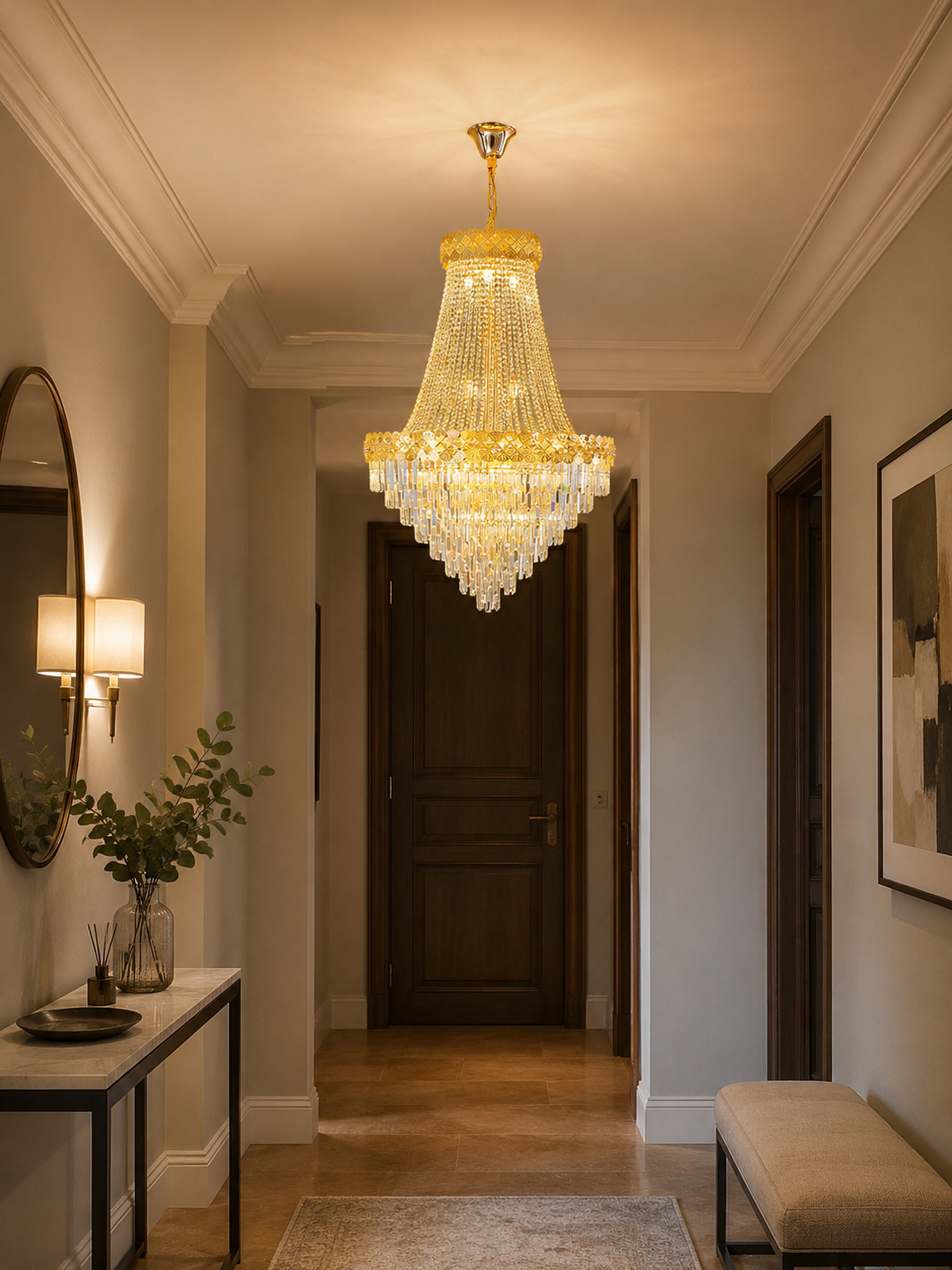 Grand Lustre en Cristal Doré en Cascade