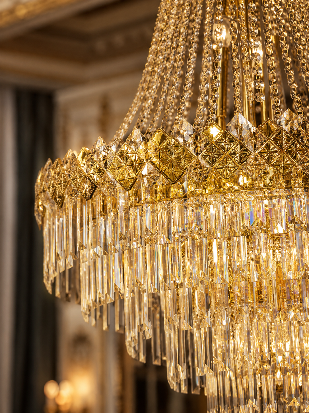 Grand Lustre en Cristal Doré en Cascade