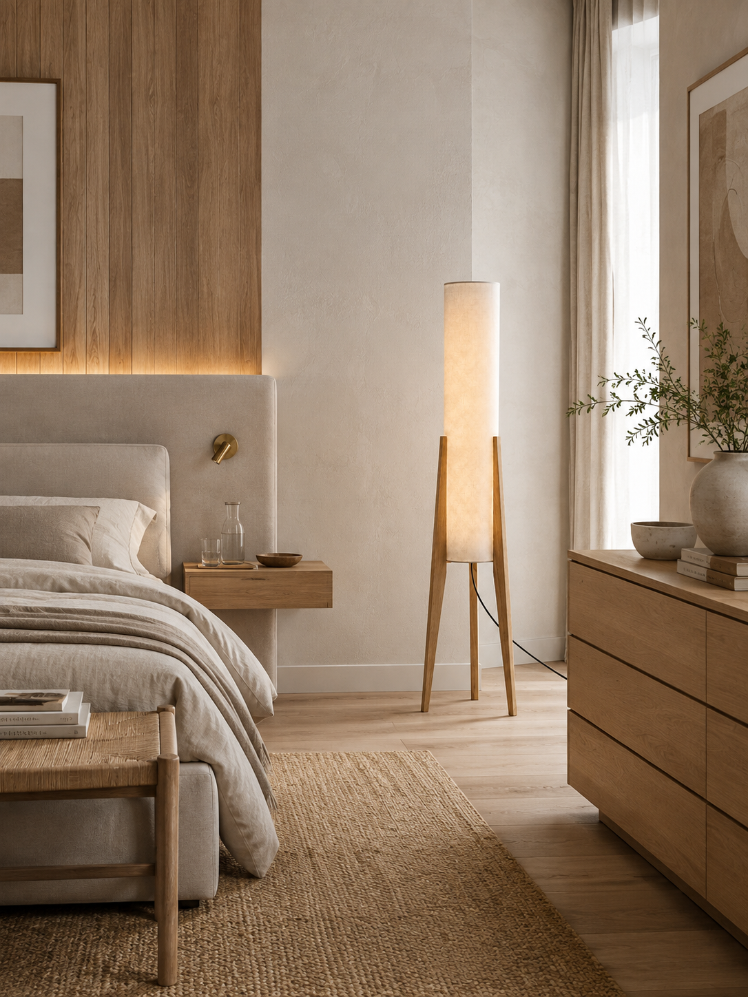 Lampadaire Japandi en Bois et Tissu