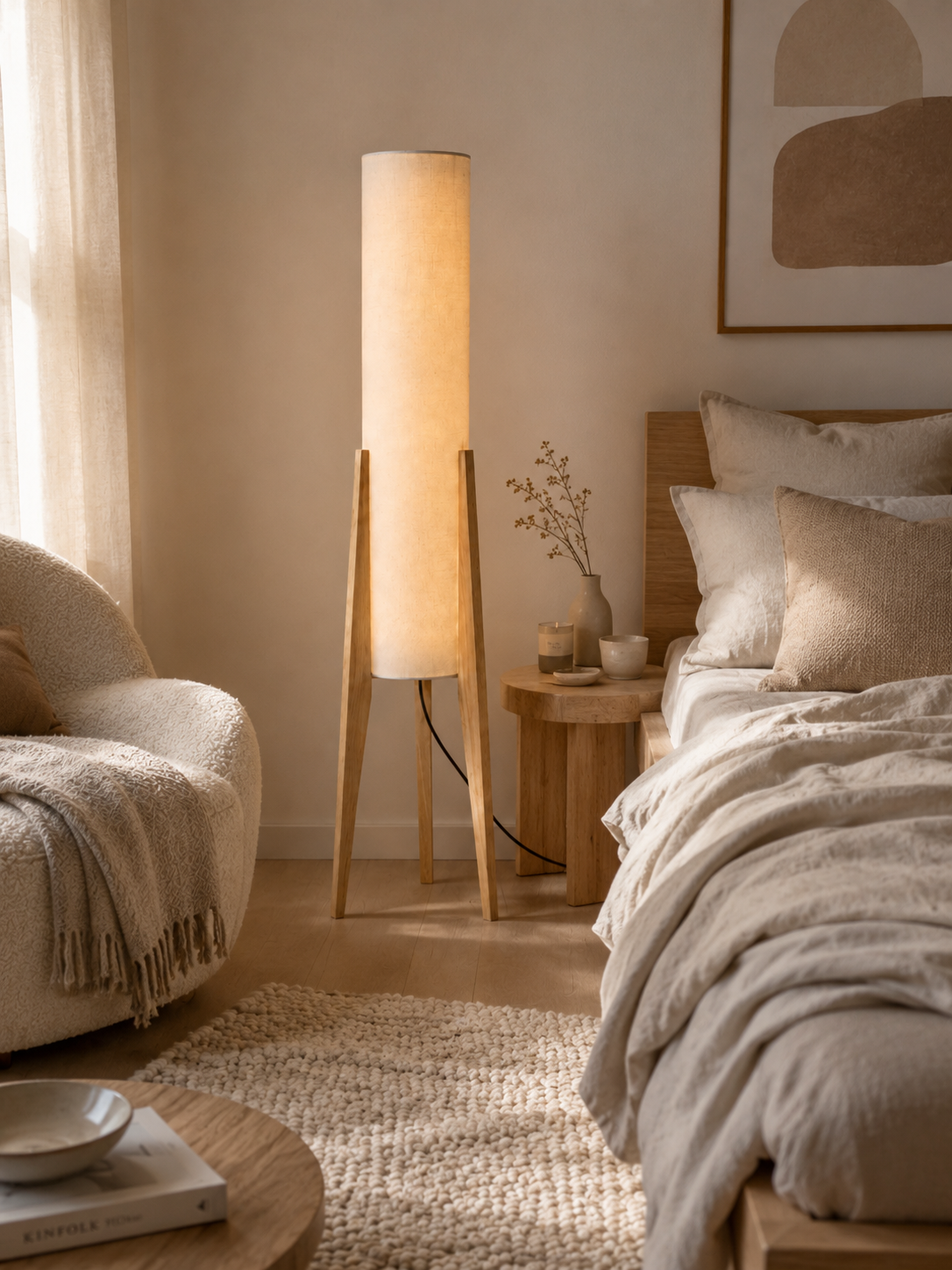 Lampadaire Japandi en Bois et Tissu