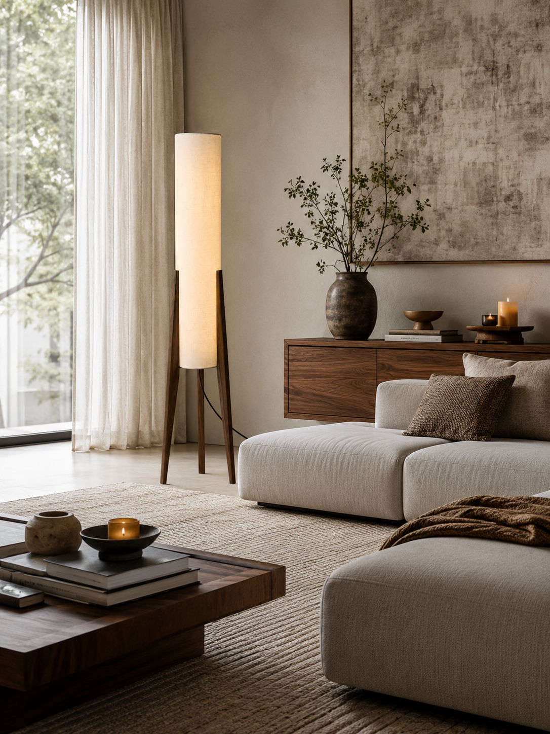 Lampadaire Japandi en Bois et Tissu