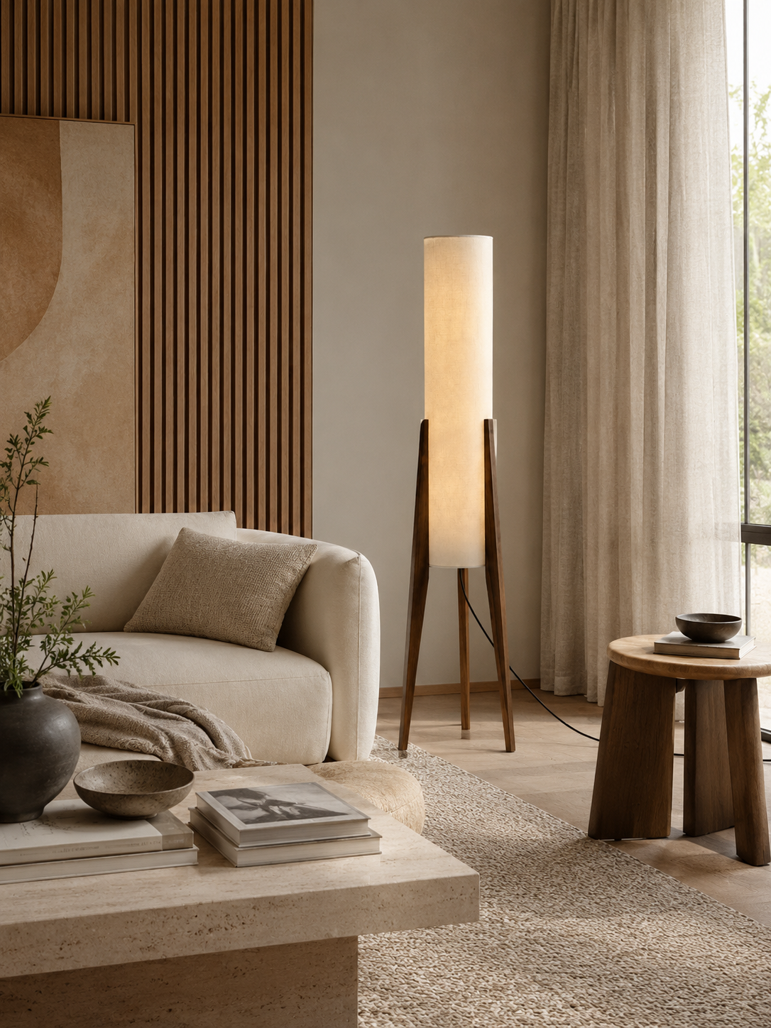 Lampadaire Japandi en Bois et Tissu