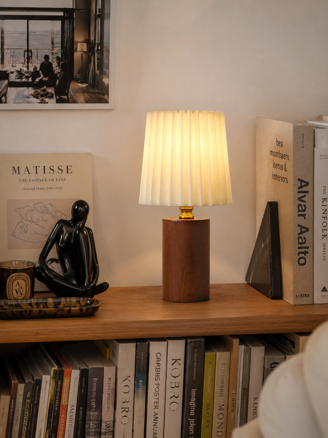 Lampe à Poser Rétro en Bois et Plissé