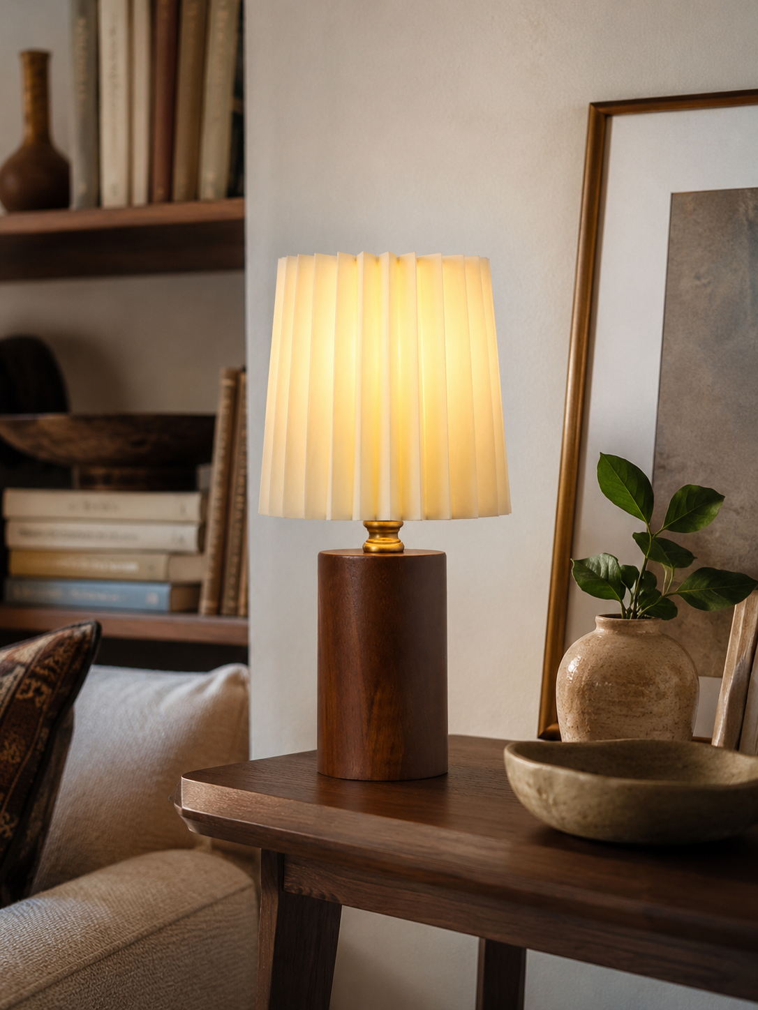 Lampe à Poser Rétro en Bois et Plissé