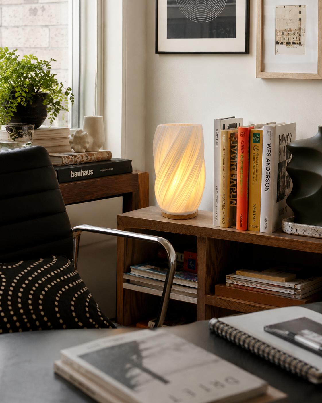 Lampe à Poser Plissée Crème et Bois