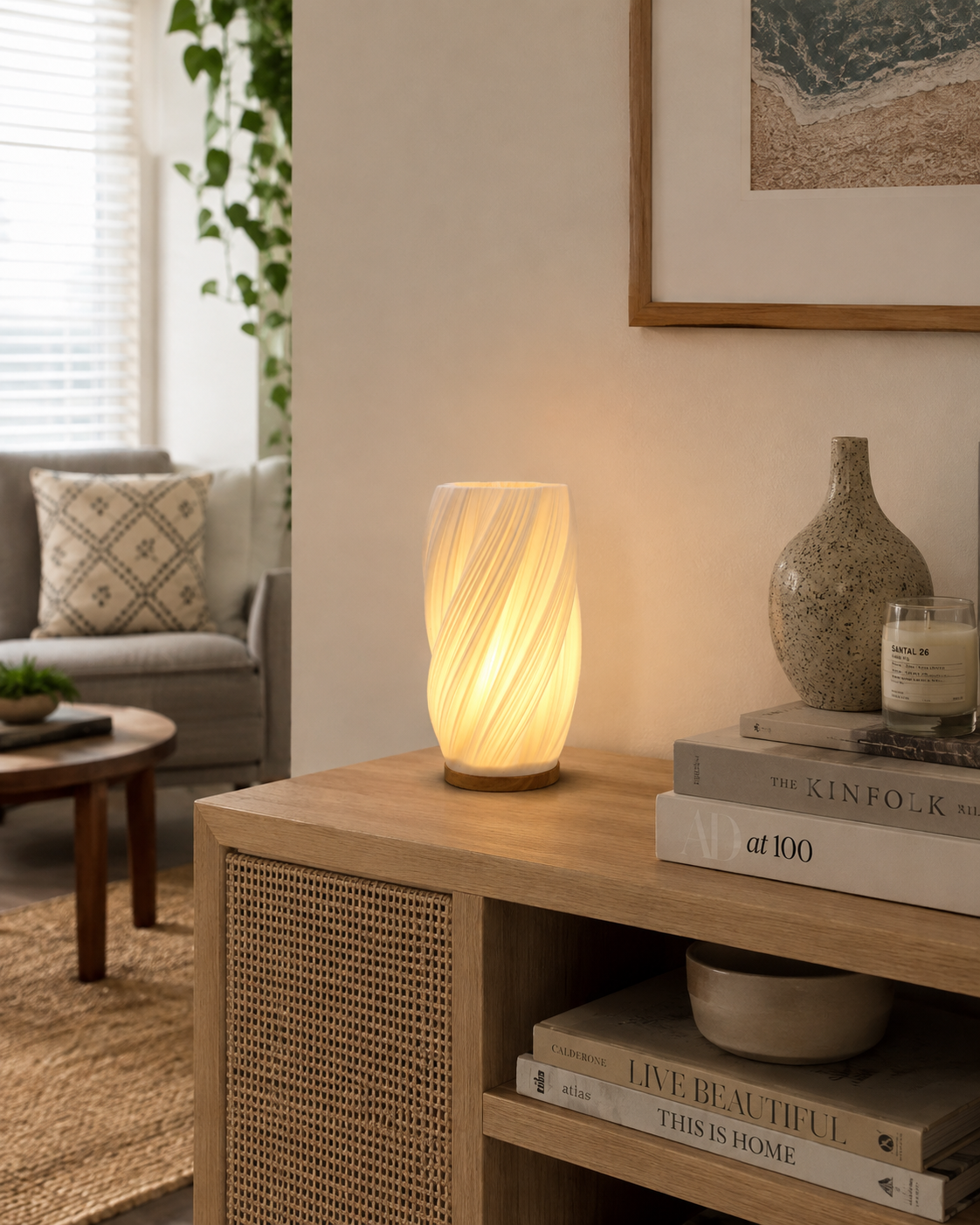 Lampe à Poser Plissée Crème et Bois