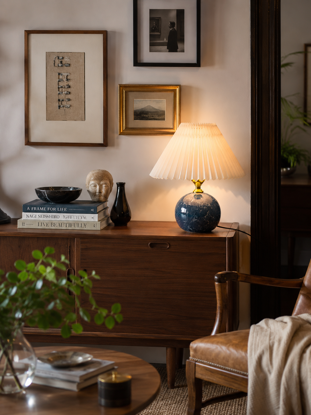 Lampe à Poser en Céramique et Abat-Jour Plissé