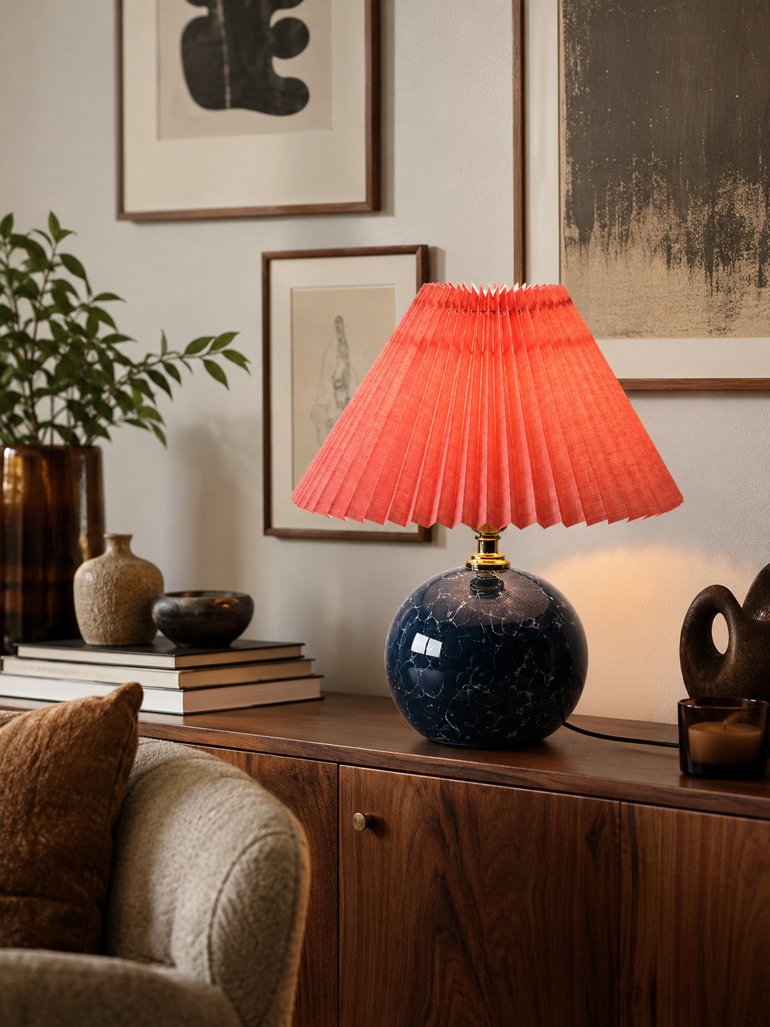 Lampe à Poser en Céramique et Abat-Jour Plissé