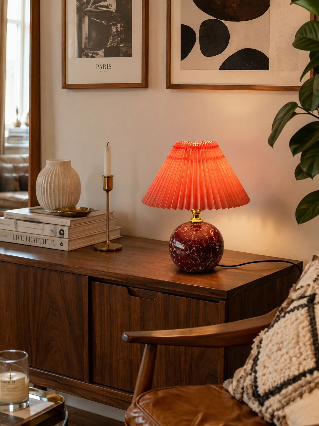 Lampe à Poser en Céramique et Abat-Jour Plissé