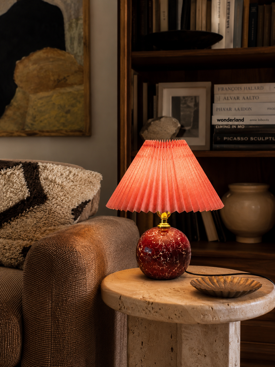 Lampe à Poser en Céramique et Abat-Jour Plissé