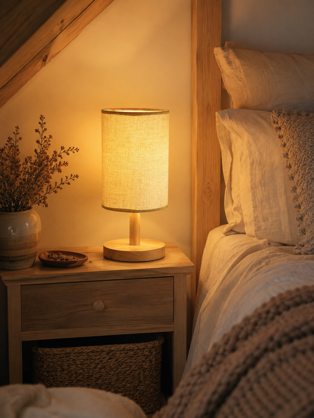 Lampe de Chevet Japandi en Bois et Lin