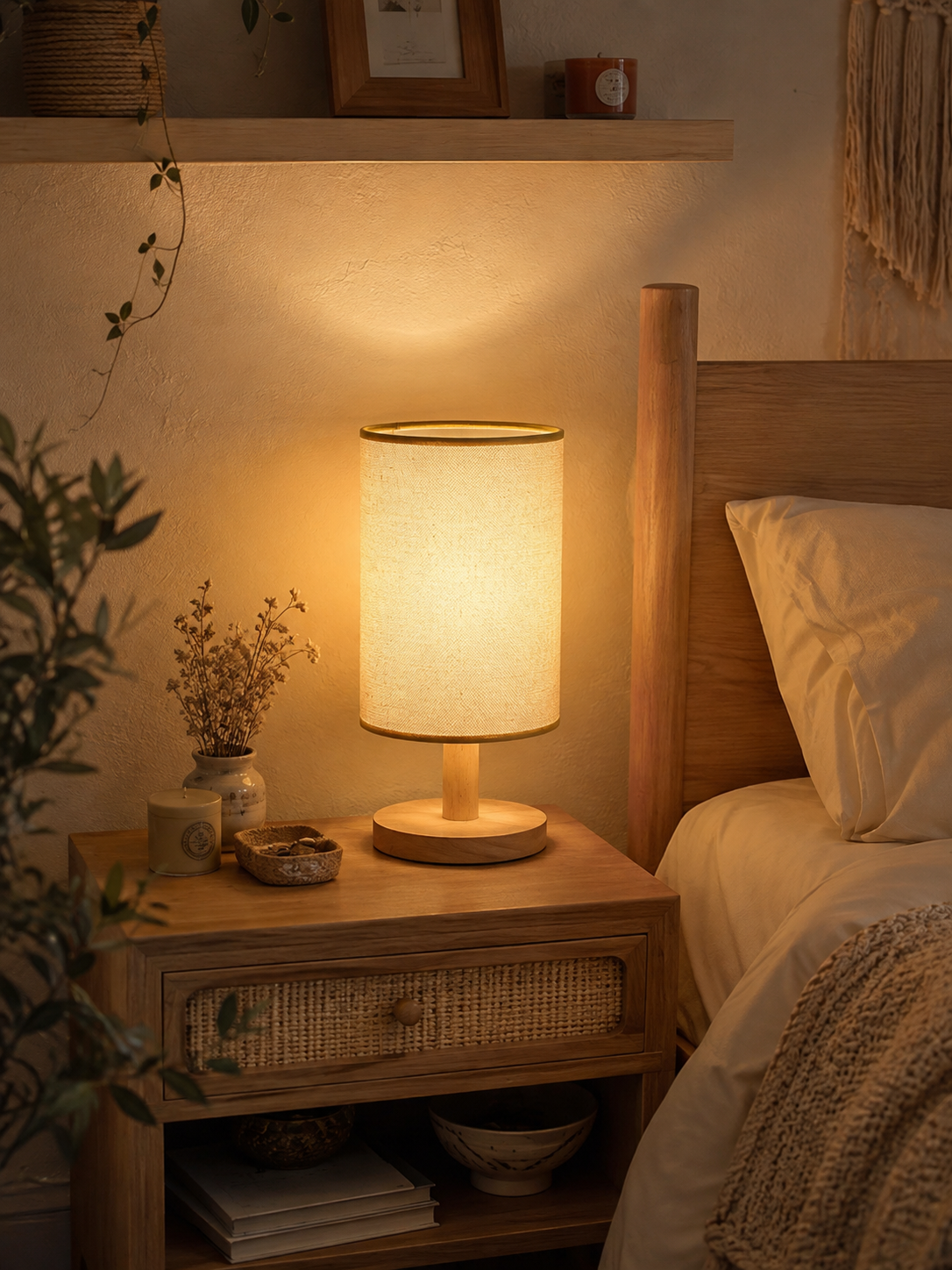 Lampe de Chevet Japandi en Bois et Lin