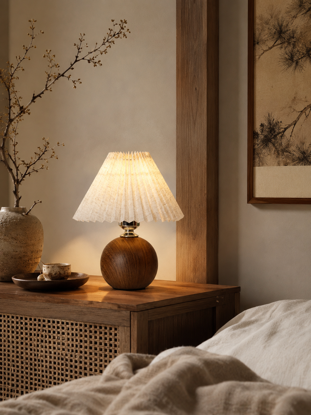 Lampe à Poser en Bois et Tissu Plissé