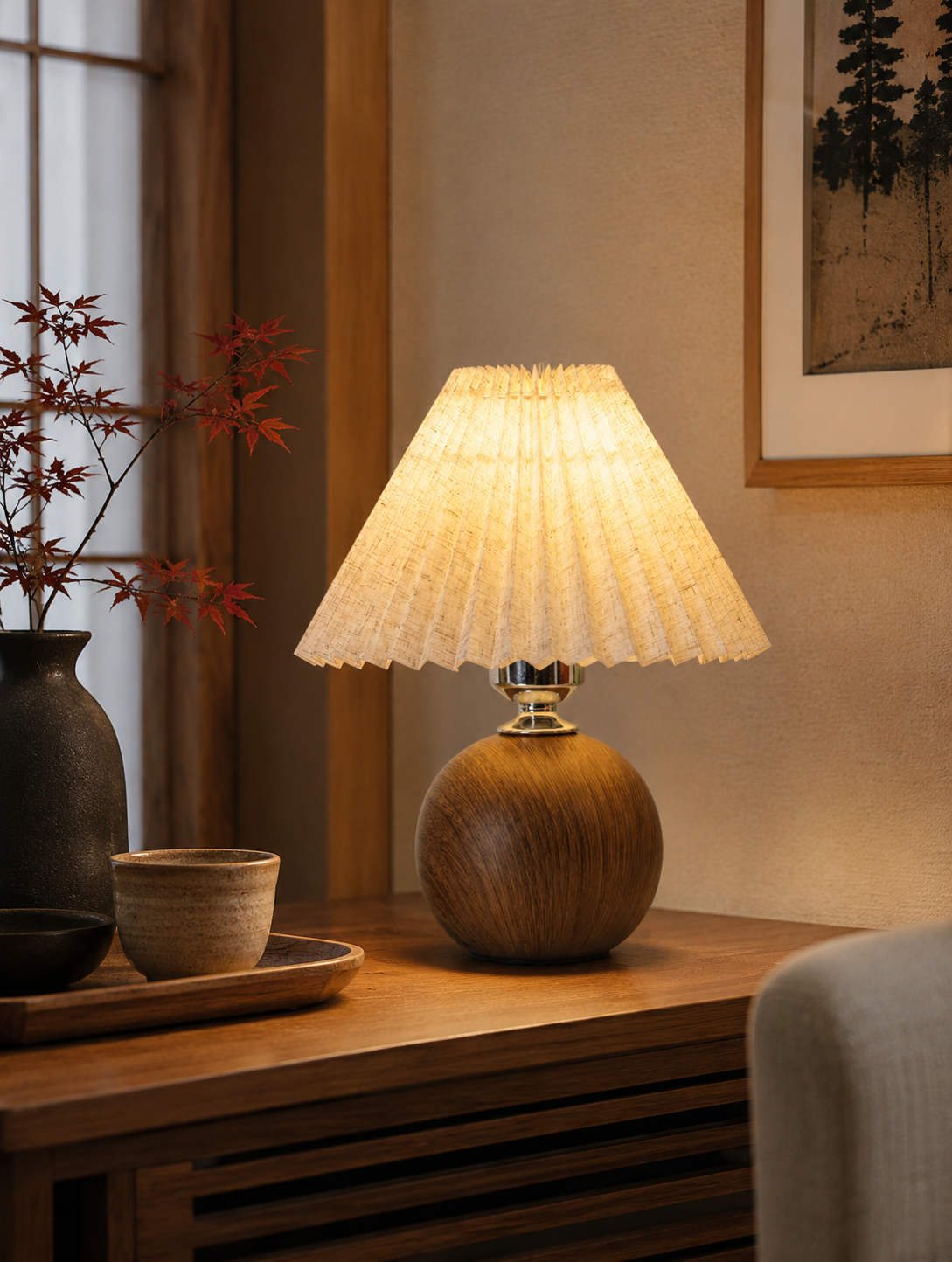 Lampe à Poser en Bois et Tissu Plissé