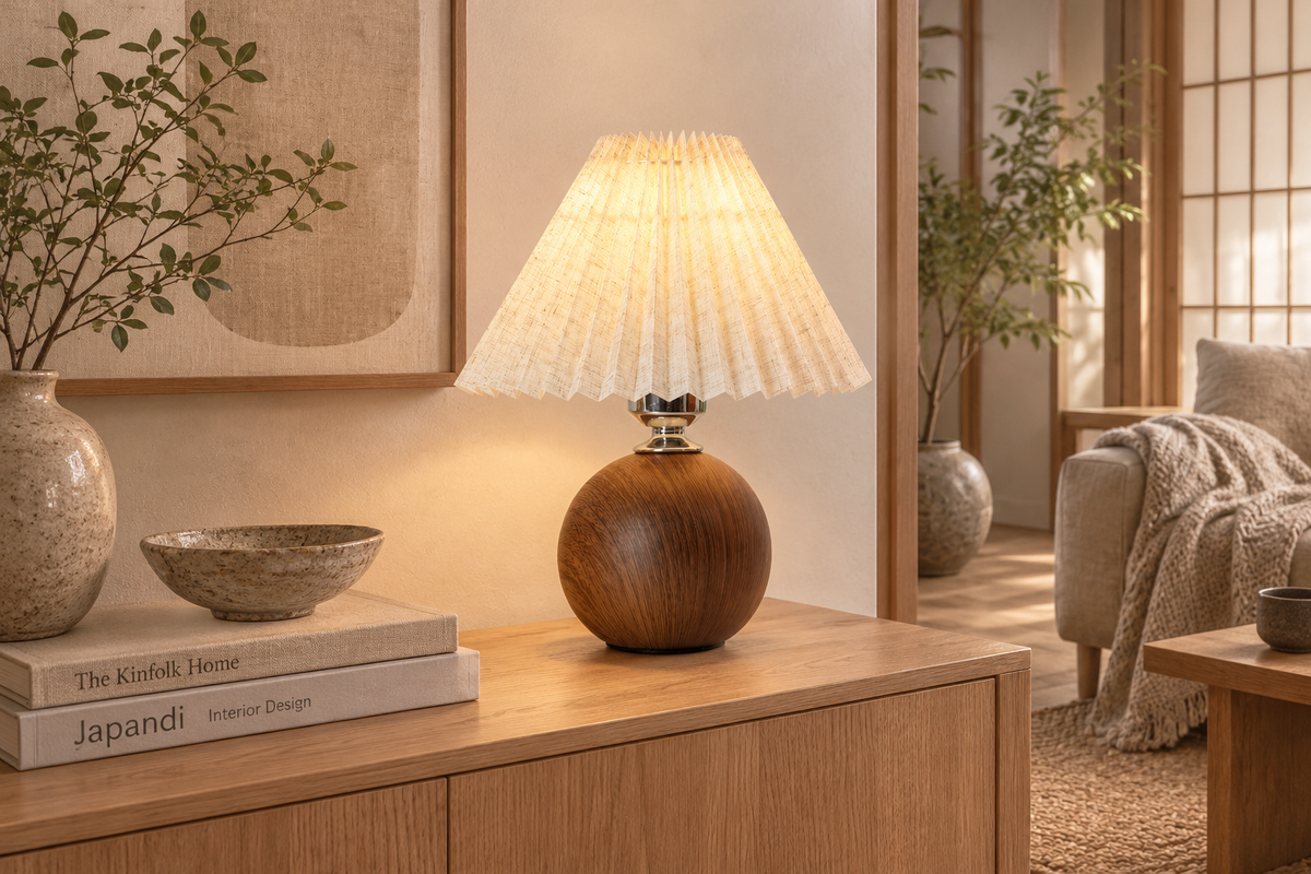 Lampe à Poser en Bois et Tissu Plissé