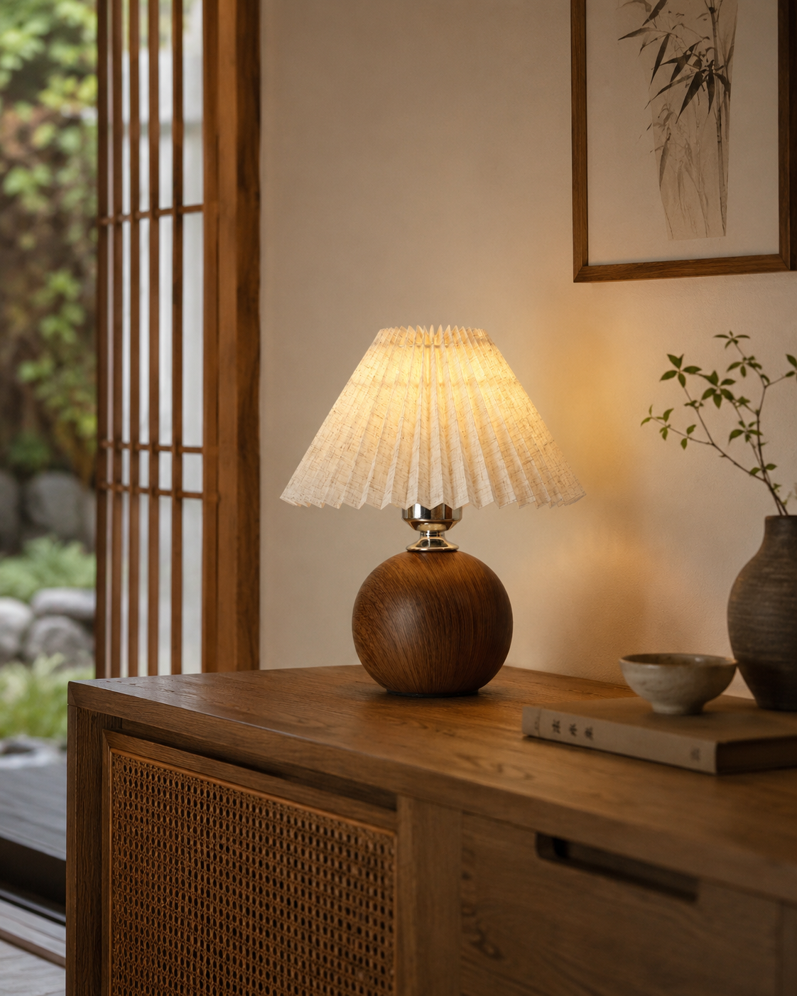 Lampe à Poser en Bois et Tissu Plissé