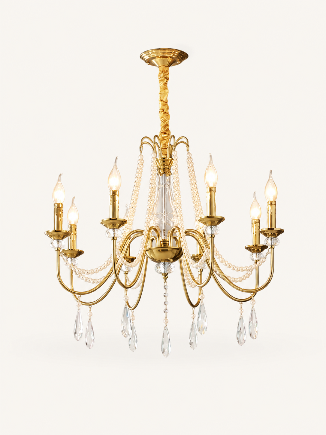 Lustre en cristal et perles dorées